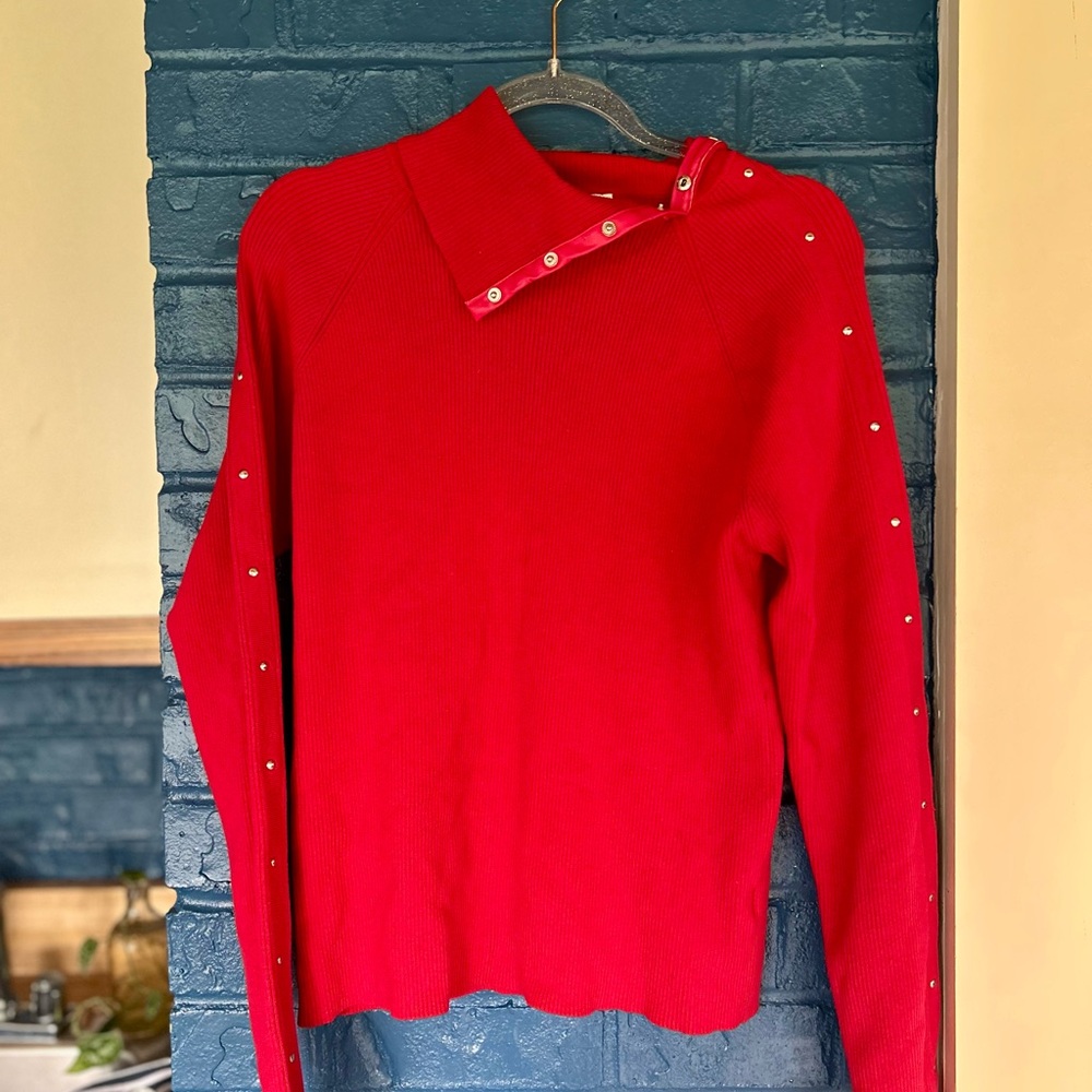 Vintage Sweater, Leather detailing‎ Women's sweater with Button Detail